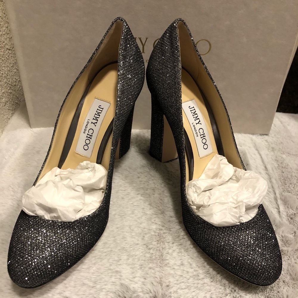 JIMMY CHOO Metallic Gray Glitter Billie Pumps